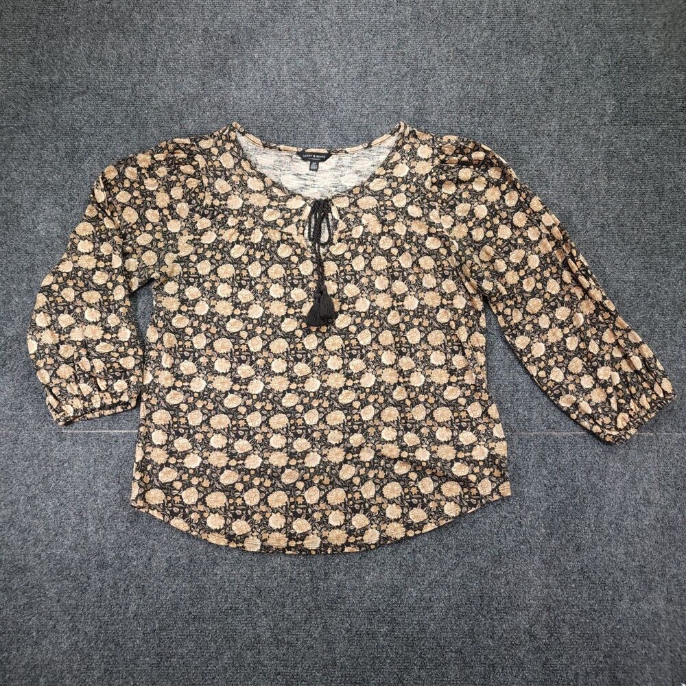 Lucky Brand Floral Tassel Tie Boho Blouse Women Black Tan SP Long Sleeve Top